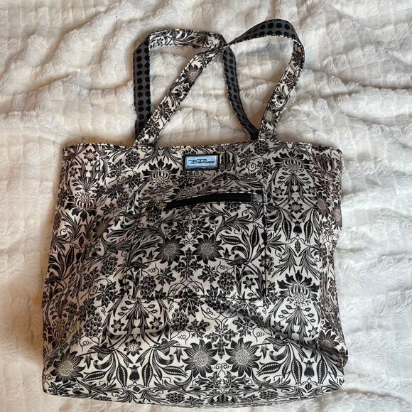 BELLA RUSSO Black‎ White Tote Bag Waxed Floral Polka Dot Pockets Silver - Picture 1 of 9